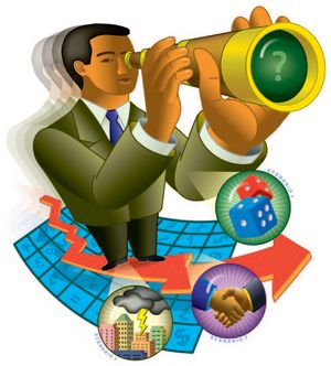 The Pioneer magazine cover from Autumn 2003. Illustration of a businessperson in a suit looking through a brass telescope with a question mark in the lens, standing on a rising red arrow over a blue financial-style grid, surrounded by circular icons representing different scenarios, including dice for risk, stormy weather over a city for crisis, and a handshake for partnership or agreement.