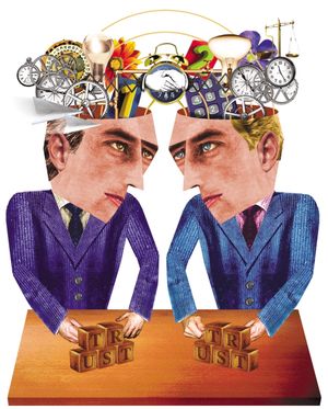 The Pioneer magazine cover from Autumn 2004. Illustration of two businesspeople in suits sitting across a table, each holding wooden blocks that spell 'TRUST,' with their heads partially obscured and a shared cloud of clocks, gears, scales, bulbs, and colorful objects floating above them to symbolize shared thinking and mutual trust.