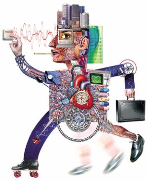 The Pioneer magazine cover from Autumn 2005. A human figure composed of anatomical, mechanical, and urban elements. The head features skyscrapers, a human eye, and a computer monitor. The torso includes muscle diagrams, a heart-clock, and a map labeled 'GLASGOW.' One arm holds a 'PULSE' button with sound waves; the other carries a briefcase. Legs combine a roller skate and formal shoe. Scientific instruments and gears are integrated throughout, symbolizing technology, anatomy, and modern life.