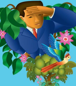 The Pioneer magazine cover from Spring 2002. A stylized figure in a blue suit and red tie, standing in jungle foliage with one hand raised to their forehead, as if scouting ahead. A colorful bird perches nearby. The scene evokes exploration and leadership.