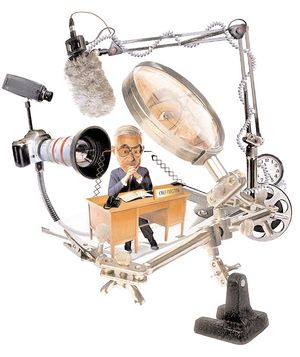 The Pioneer magazine cover from Spring 2005. A caricature of a person seated at a desk labeled 'CHIEF EXECUTIVE' is surrounded by oversized media tools: a boom microphone, a professional camera, and mechanical arms holding various devices. A large magnifying glass focuses on the person's face, symbolizing intense scrutiny. The setup evokes themes of surveillance, media pressure, and executive accountability in a stylized, exaggerated manner.
