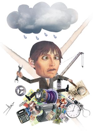 The Pioneer magazine cover from Spring 2006. A person with a concerned expression sits under a rain cloud, symbolizing stress. Surrounded by engineering tools—wrench, caliper, calculator, stopwatch, gears, blueprints, crane, and currency notes—they appear overwhelmed, multitasking with limbs extended in various directions. The scene conveys the pressure and complexity of technical professions.