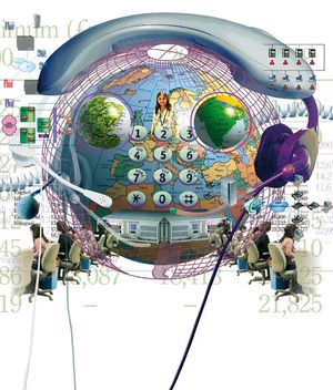 The Pioneer magazine cover from Summer 2007. A globe overlaid with a telephone keypad sits at the center, highlighting international communication. The image focuses on India and includes a photo of a professionally dressed woman, possibly a call center or medical worker. Surrounding elements include a telephone handset, headset, network diagrams, computer icons, and people at workstations. Background text and numbers like 'English bilingual' and 'ISP Network' suggest data metrics. The collage conveys themes of globalization, digital connectivity, and outsourcing.