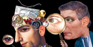 The Pioneer magazine cover from Summer 2008. Two illustrated male figures with exaggerated features hold magnifying glasses focused on eyes, symbolizing investigation. One head is filled with gears, wires, a light bulb, a mouse, and a browser window, representing analytical thinking. Surrounding them are books, charts, a computer, telephone, and documents, all set against a black background that highlights the colorful research-themed elements.