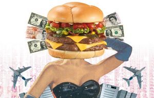 The Pioneer magazine cover from Summer 2009. A stylized female figure with a hamburger for a head wears a strapless black dress and long gloves. Surrounding her are airplanes, U.S. and British currency notes, modern buildings, and restaurant storefronts. The background features a pink digital pattern resembling binary code. Bold red text reads 'Companies that play the sex card,' suggesting a critique of using sexual imagery in global marketing.