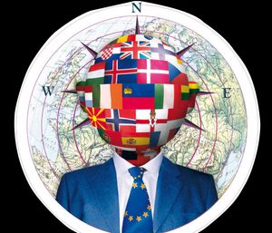 The Pioneer magazine cover from Winter 2007. A person in a blue suit and tie stands against a map background with compass directions. The tie features yellow stars on blue, resembling the EU flag. The figure’s head is a globe covered in national flags, mostly European. The scene symbolizes international cooperation, diplomacy, and European identity.
