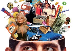 The Pioneer magazine cover from Winter 2010. A person’s head bursts with nostalgic items from the 1960s to 1980s: Marilyn Monroe, a blue Mini car, Heinz tomato soup, Wispa chocolate, Bazooka gum, a record player, platform shoes, a knitting set, and a 'Woodstock' poster. Also visible are John Lennon, 'The A-Team' cast, a cookbook, Fairy dish soap, and a NOVA magazine. The collage evokes personal memories and pop culture from the mid-20th century.