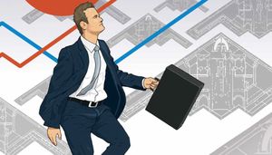 The Pioneer magazine cover from Winter 2011. A person in a business suit walks confidently with a briefcase against a grayscale background of architectural blueprints. Red and blue lines overlay the scene, resembling data trends or growth charts. The composition suggests career advancement, business development, and strategic movement forward.