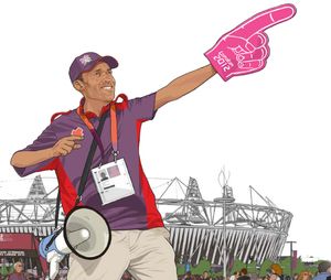 The Pioneer magazine cover from Winter 2012. A person in a purple and red uniform with a cap stands in front of a stadium, holding a megaphone and pointing with a large foam finger labeled 'London 2012'. They wear an ID badge around their neck. The background shows a crowd and the stadium structure, evoking the energy and organization of the London 2012 Olympic Games.