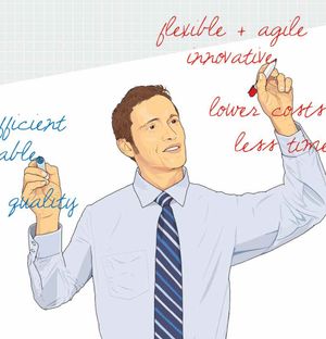 The Pioneer magazine cover from Winter 2013. An illustrated man in a shirt and tie writes on a transparent surface using two markers—blue on the left and red on the right. He writes business-related terms: 'efficient', 'reliable', 'quality' in blue; 'flexible + agile', 'innovative', 'lower costs', 'less time' in red. The image conveys themes of efficiency, adaptability, and innovation in a professional setting.